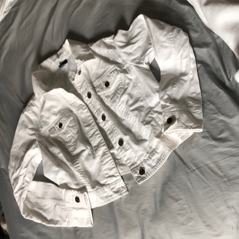 Cropped white denim jacket